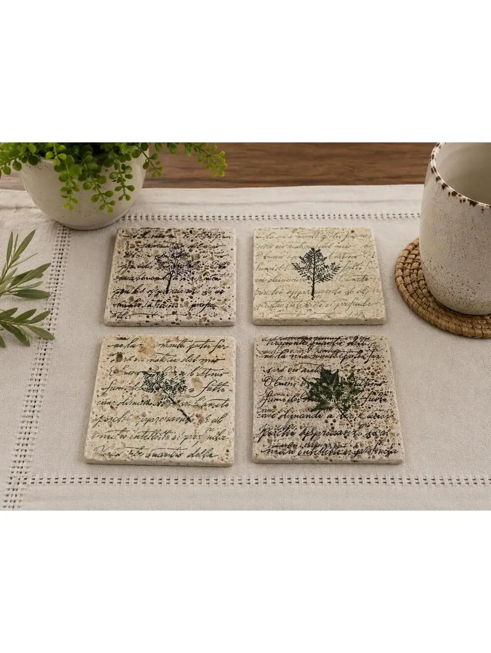 Vintage Style Botanical Travertine Tile Coaster Set 4 Handmade Cottagecore Decor